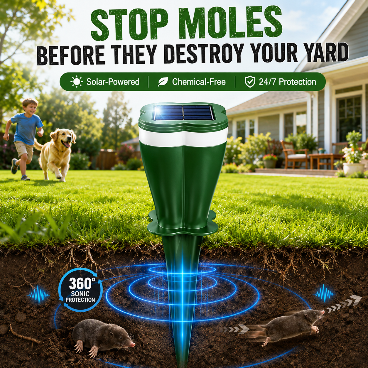 Solar Sonic Mole & Rodent Repellent — Protect Your Yard Without Chemicals