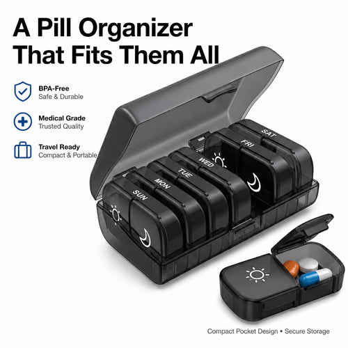 AM PM 7-Day Pill Organizer –Easy Open, Travel-Ready, Durable BPA-Free Daily Medicine Case