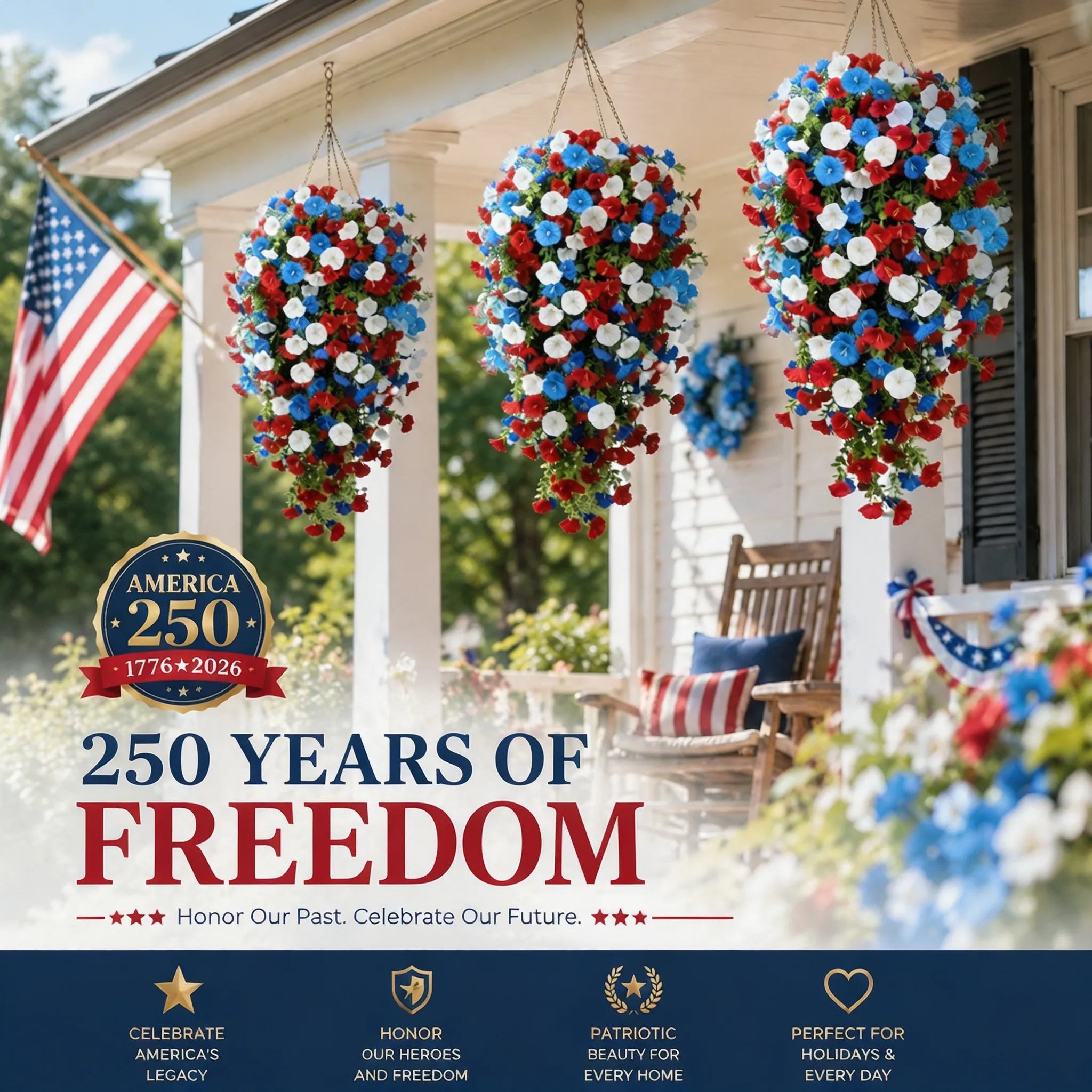 Red, White & Blue Artificial Morning Glory Hanging Vines – 3-Piece Set